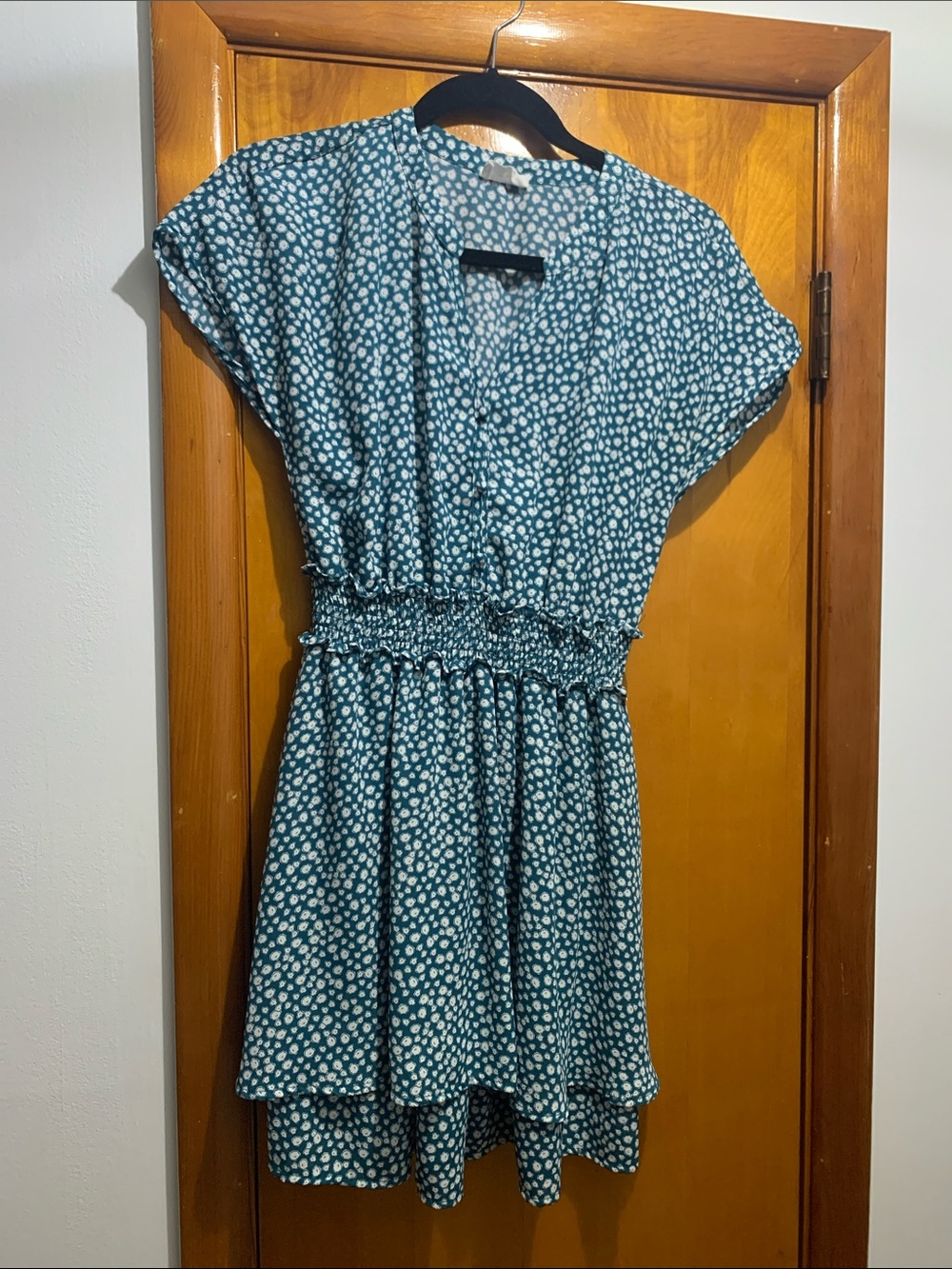 Sienna Sky Teal Floral Short-Sleeve Smocked-Waist Mini Dress
